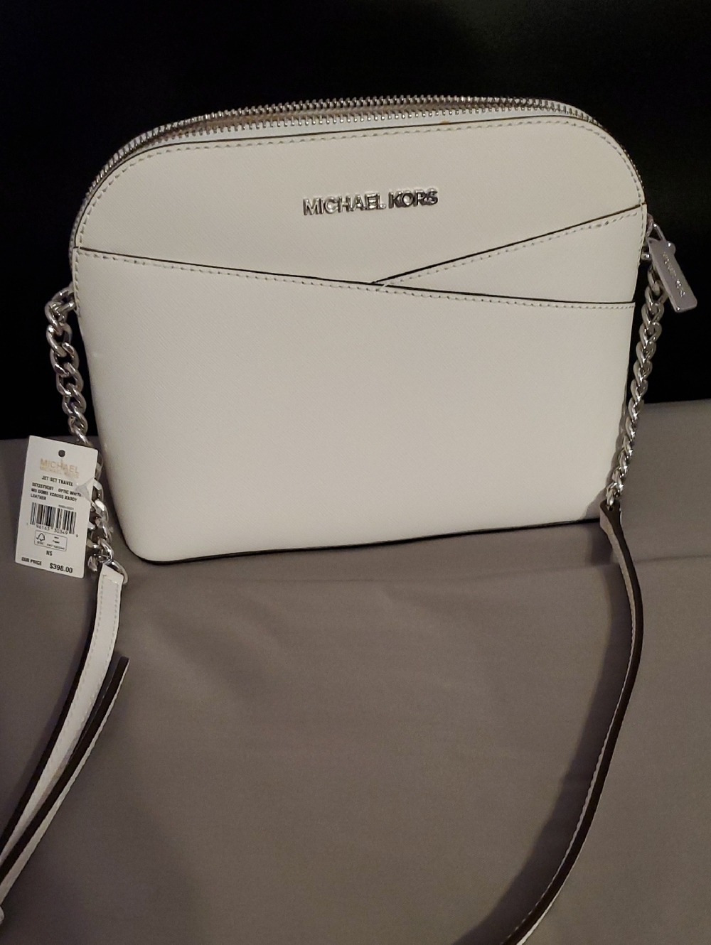 Michael Kors White Saffiano Crossbody with Silver Chain